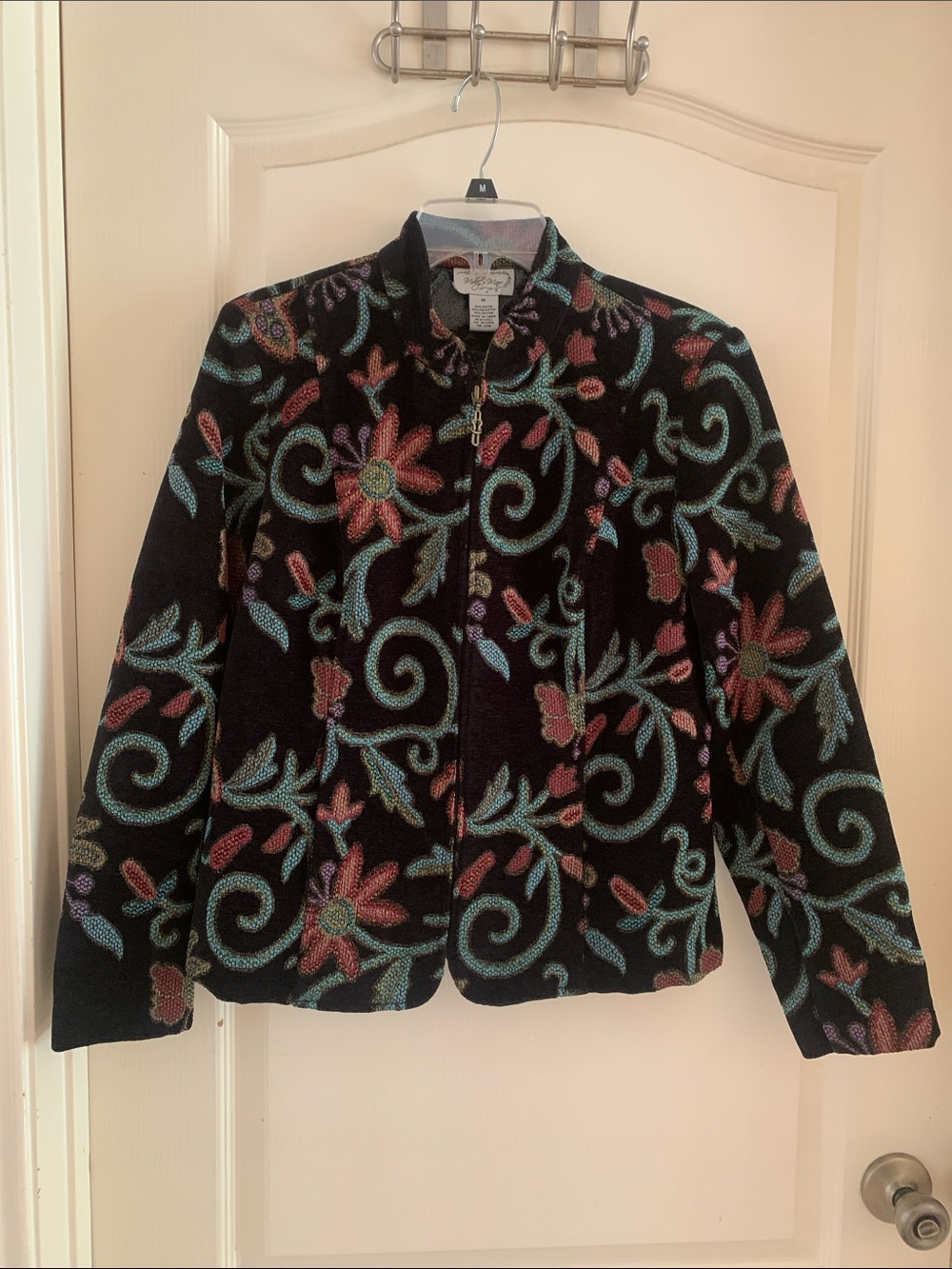 Coldwater Creek Black Floral-Patterned Teddy Zip Jacket